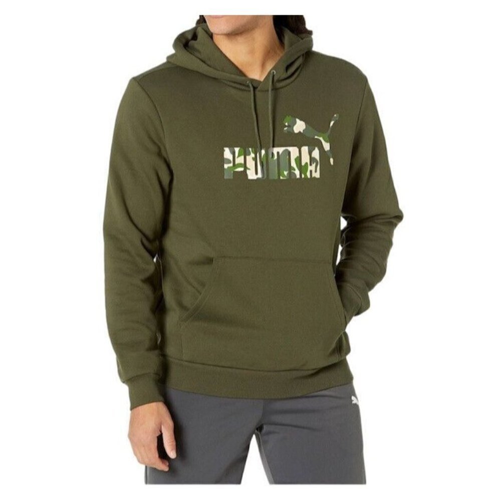 PUMA Olive-Green Camouflage Logo Pullover Hoodie With Kangaroo Sweatshirt Small